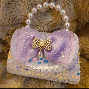 GIRL PURPLE SEQUIN SPARKLY LACE & PEARL HANDLE PURSE WITH CROSSBODY STRAP ☆ NEW